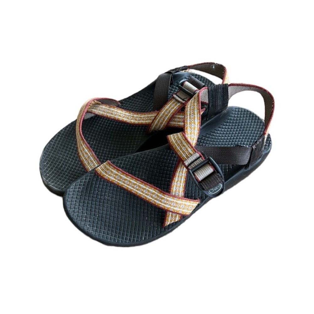 Chaco Women's Strappy Sandals in Black with Orange & Yellow Patterned Webbing